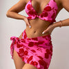 3 Piece Set: Floral Pattern Halter V Neck Tie Back Backless High Cut Bikini Swimsuits with Ruffle Hem Cover Up Skirt, Women's Triangle Top Swimwear & Clothing