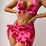3 Piece Set: Floral Pattern Halter V Neck Tie Back Backless High Cut Bikini Swimsuits with Ruffle Hem Cover Up Skirt, Women's Triangle Top Swimwear & Clothing