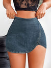 Elegant High-Waist Slimming Denim Skirt Shorts, Solid Color, Stretch Fabric, Zipper Closure - Spring/Summer Collection, Stylish Skirt Shorts | Elegant Appearance | Stretch Denim, High Waisted Shorts