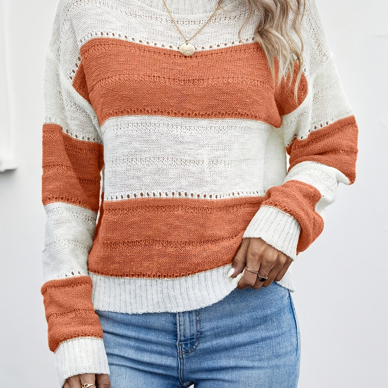 Two-tone Shoulder Drop Knitted Sweater with Punched Holes