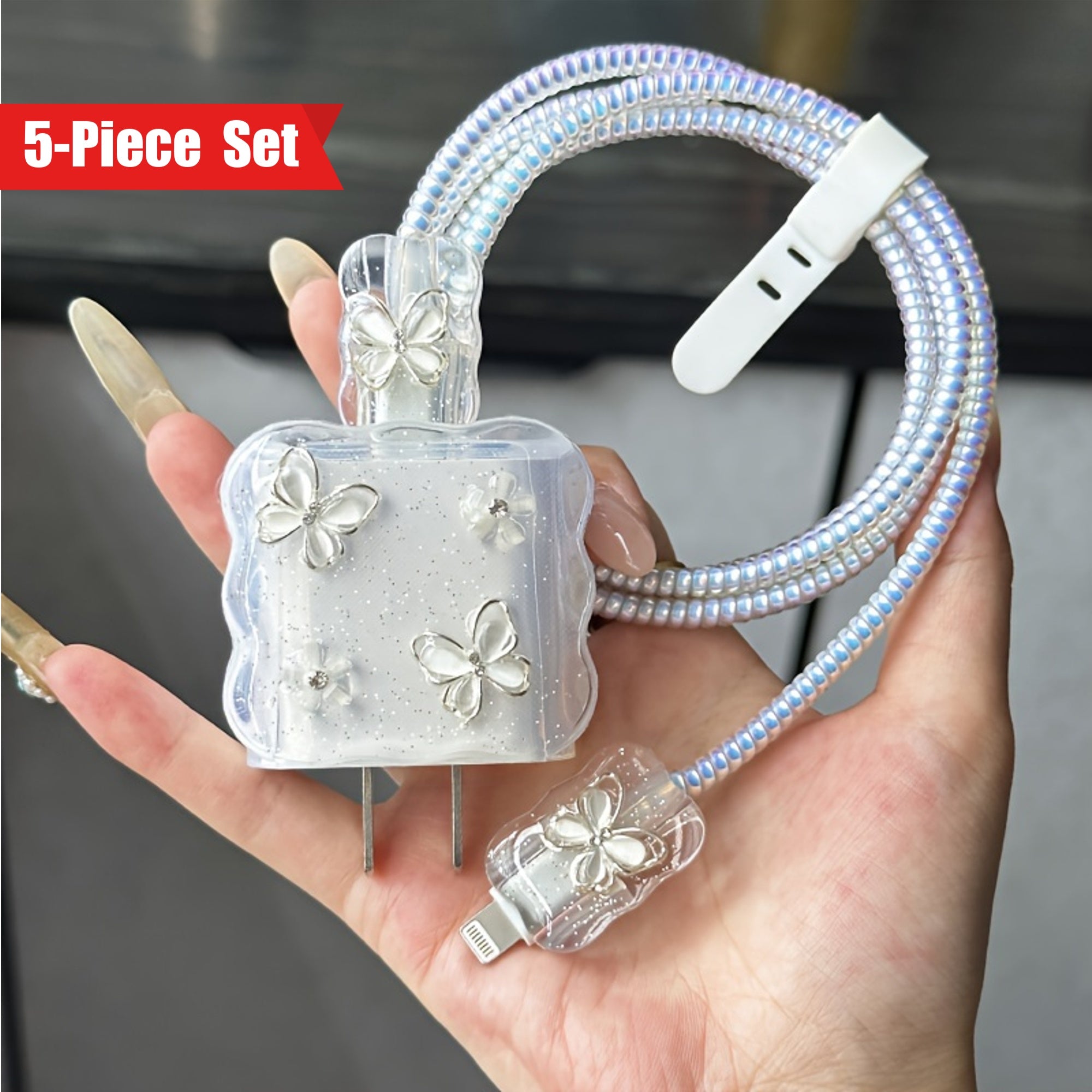 5-Piece Set 3D Cartoon Crystal Butterfly Design Charger Protector Cover Suitable for Apple 18W/20W Adapter, TPU Cable Protector Sleeve with Phone Cable Spiral Protection Accessories