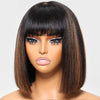 Ombre Bob Wig Human Hair With Bangs Highlight Ombre Wigs Human Hair Pre Plucked 4/27 3X0.6 Blunt Short Bob Glueless Balayage Wig Human Hair 12 Inch Colored Human Hair Bob Wig For Woman