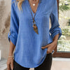 Women'S Elegant V-Neck Long Sleeve Top, Polyester 100% Solid Color, Button Detail, Woven Fabric, Lightweight 135g/m² for Spring/Summer/Fall