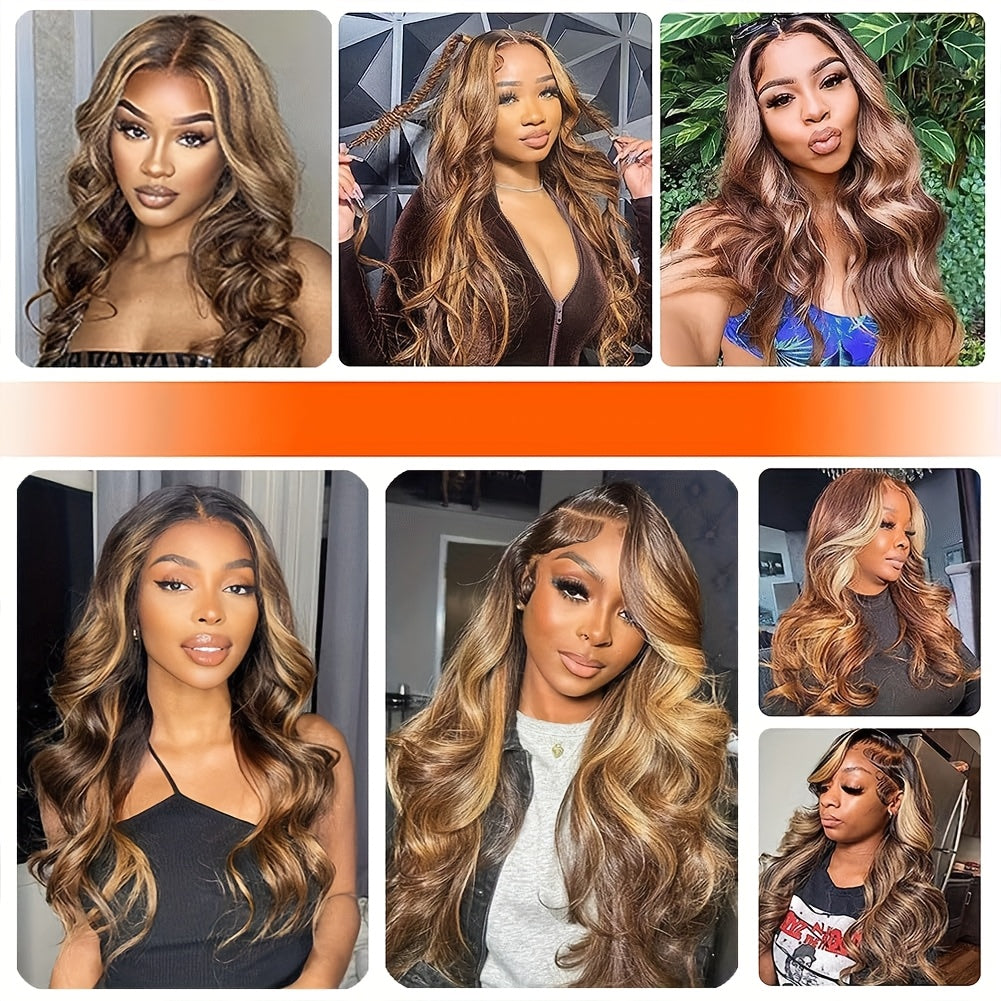 Ombre Lace Front Wig Human Hair Realistic 13x4 Frontal Pre-Plucked Body Wave 200% Density P4/27 Highlights for Women - Natural Look & Versatile Styling, Styling Versatility | Sporty Style Wig | Easy Styling Wig, Wig Accessori