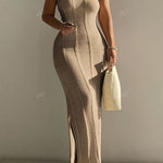 Sexy Bodycon Knit Dress, Elegant, Acrylic, Solid Color, Bandeau Collar, with Hollow Out Design