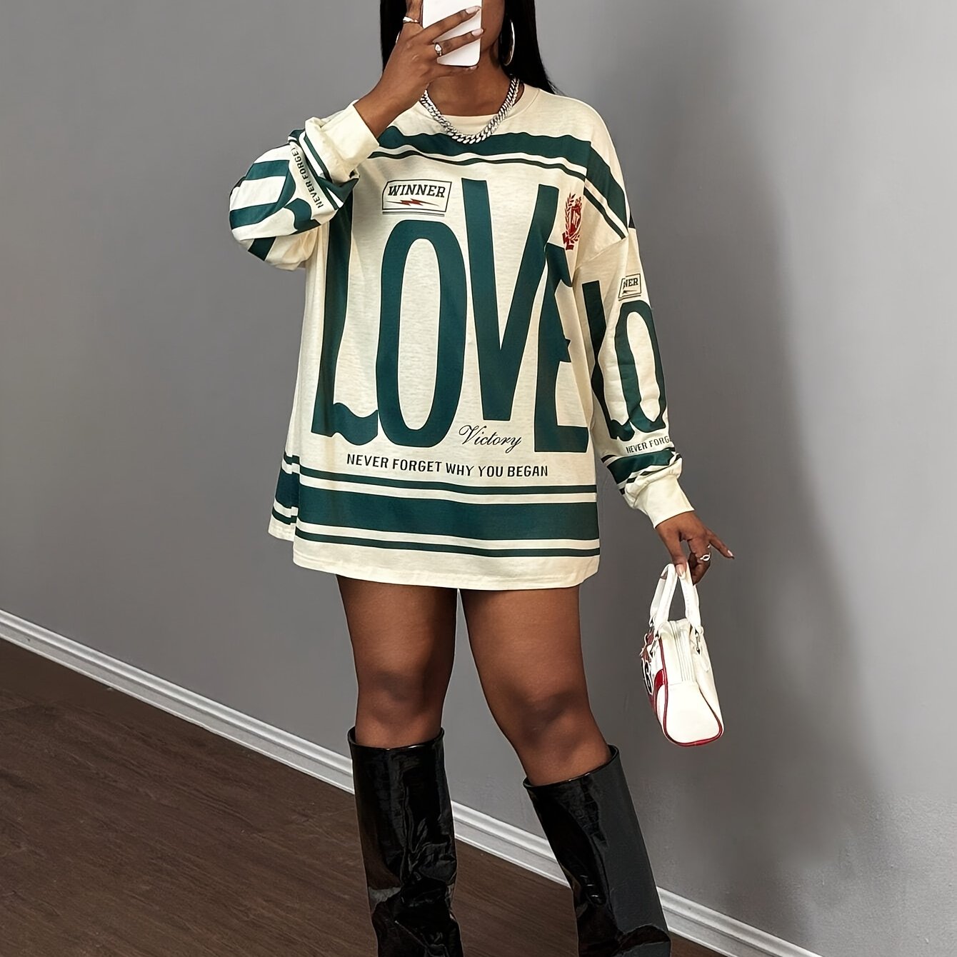 Women'S Casual "LOVE" Graphic Long Sleeve T-Shirt - Beige & Green, Drop Shoulder, Pullover, Medium Stretch, Fall & Spring Style, Fall Casual Wear | Graphic Tee | Comfortable Fit, Ladies T Shirts