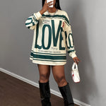 Women'S Casual "LOVE" Graphic Long Sleeve T-Shirt - Beige & Green, Drop Shoulder, Pullover, Medium Stretch, Fall & Spring Style, Fall Casual Wear | Graphic Tee | Comfortable Fit, Ladies T Shirts
