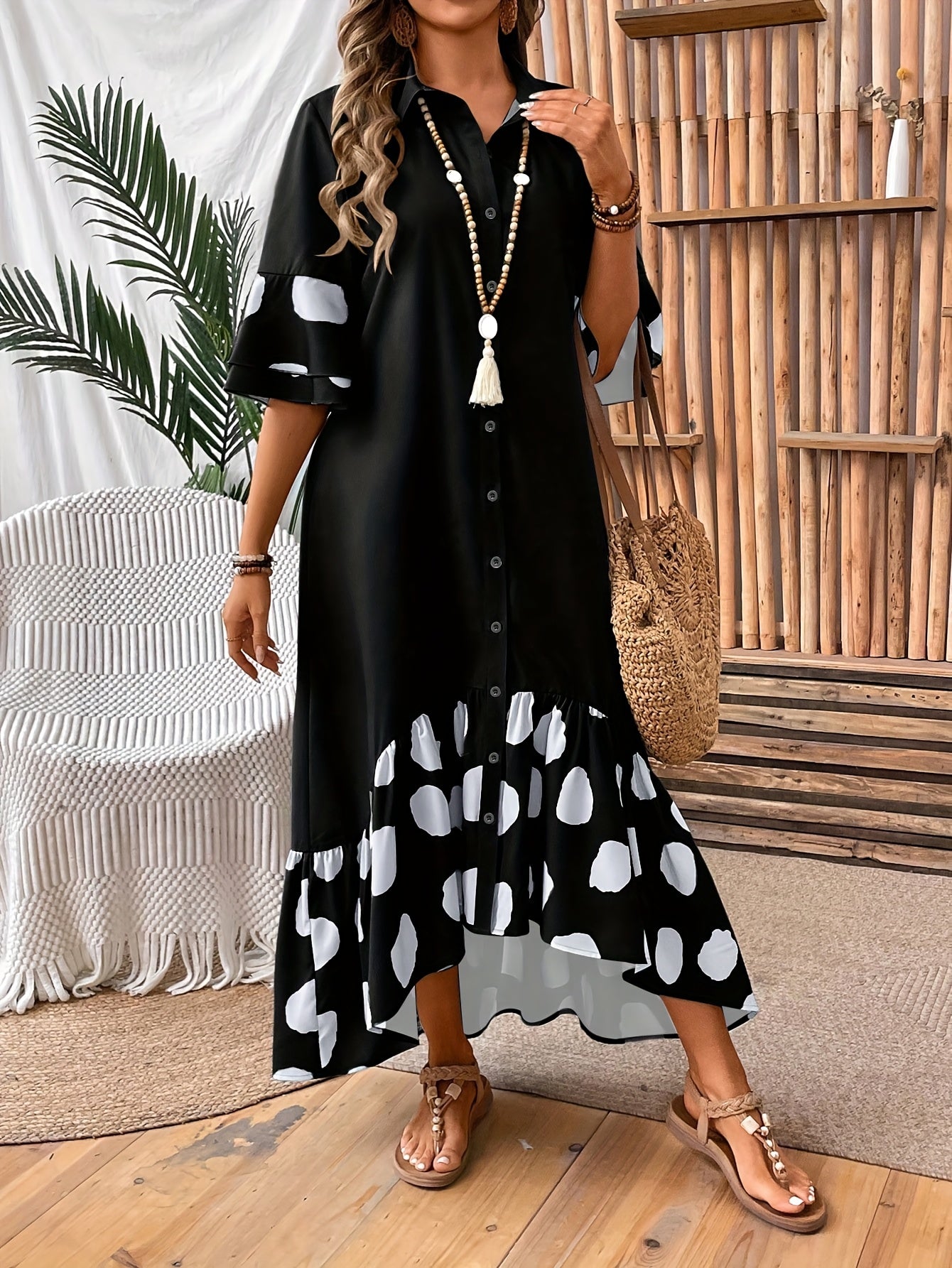 Elegant Women'S Long Sleeveless Dress with Front Button Detail and Polka Dot Print - Semi-Sheer A-Line Midi Skirt Dress for Spring/Fall, Cute Dress