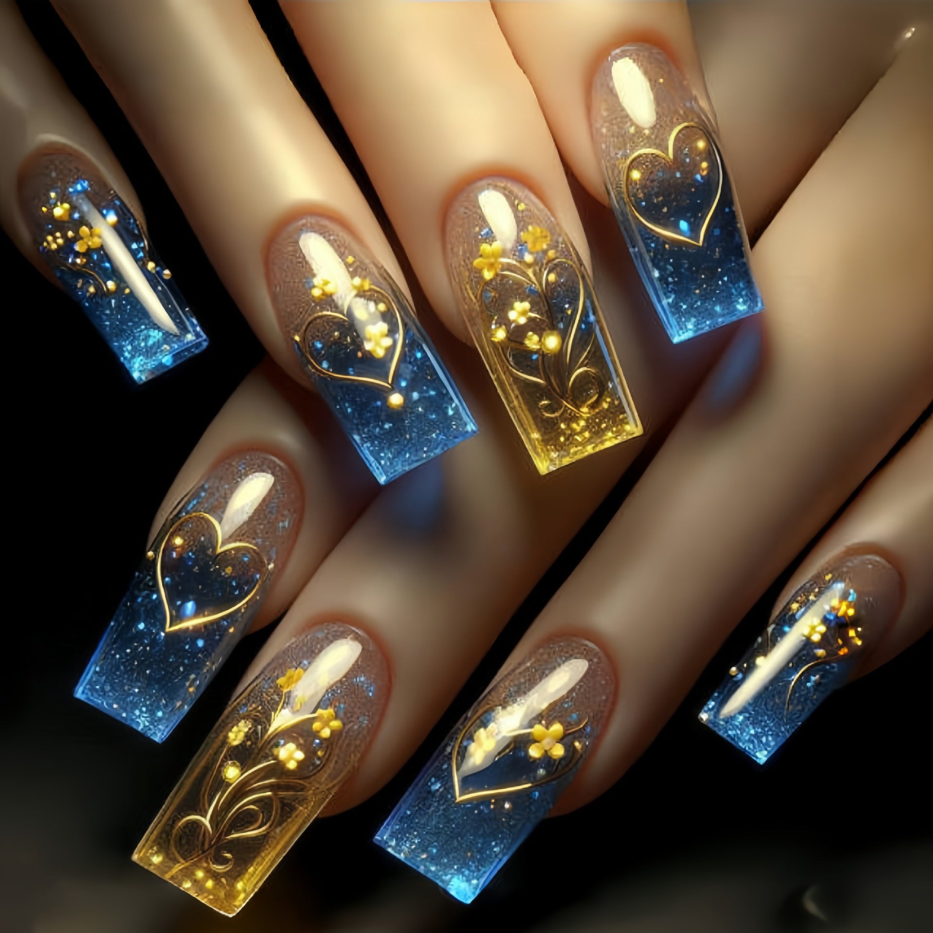216pcs (9 PACK) Vibrant Press-On Nail Set - Long Coffin/ Almond Shape, GlossyFinish with Floral & Starry Sky Designs - Colorful, Fashionable FalseNails in Mixed Colors for All Occasions, Nail Art Supplies