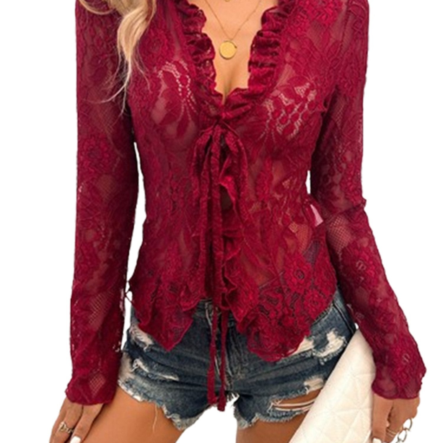 Women's Sheer Blue Lace Tie-Front Blouse - Long Sleeve V-Neck Floral Top for Casual & Clubwear, High Stretch Polyester Fabric, Elegant Ruffled Detailing, Casual Clubwear | Floral Lace Design | Intricate Lace Texture