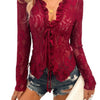 Women's Sheer Blue Lace Tie-Front Blouse - Long Sleeve V-Neck Floral Top for Casual & Clubwear, High Stretch Polyester Fabric, Elegant Ruffled Detailing, Casual Clubwear | Floral Lace Design | Intricate Lace Texture