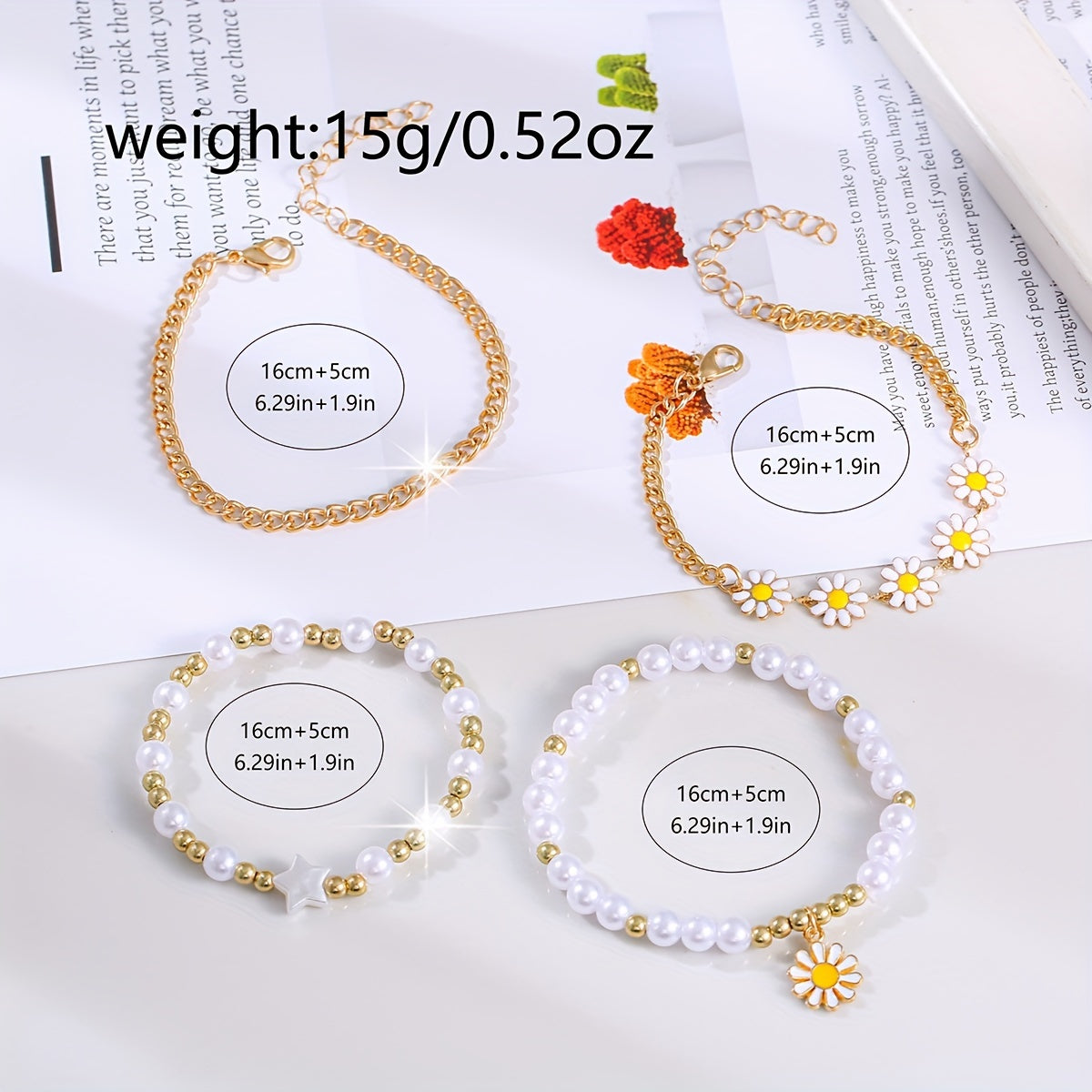 1pc Women'S Boho Round Analog-Digital Quartz Watch, Faux Leather Strap with Flower Details, Non- Alloy Case, Button Battery (Diameter <20mm), with 4pcs Holiday Daisy Bracelet Watch Set for Women