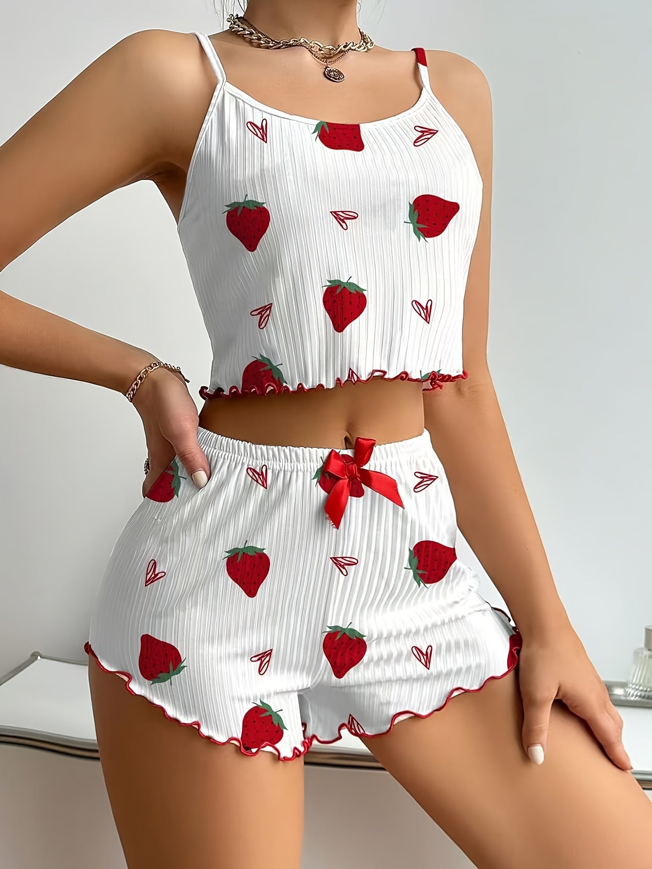 Charming Women's Heart Print Cami & Shorts Set – Cute Red & White Summer Knit Outfit with Bow Detail, Stretchy Polyester Blend