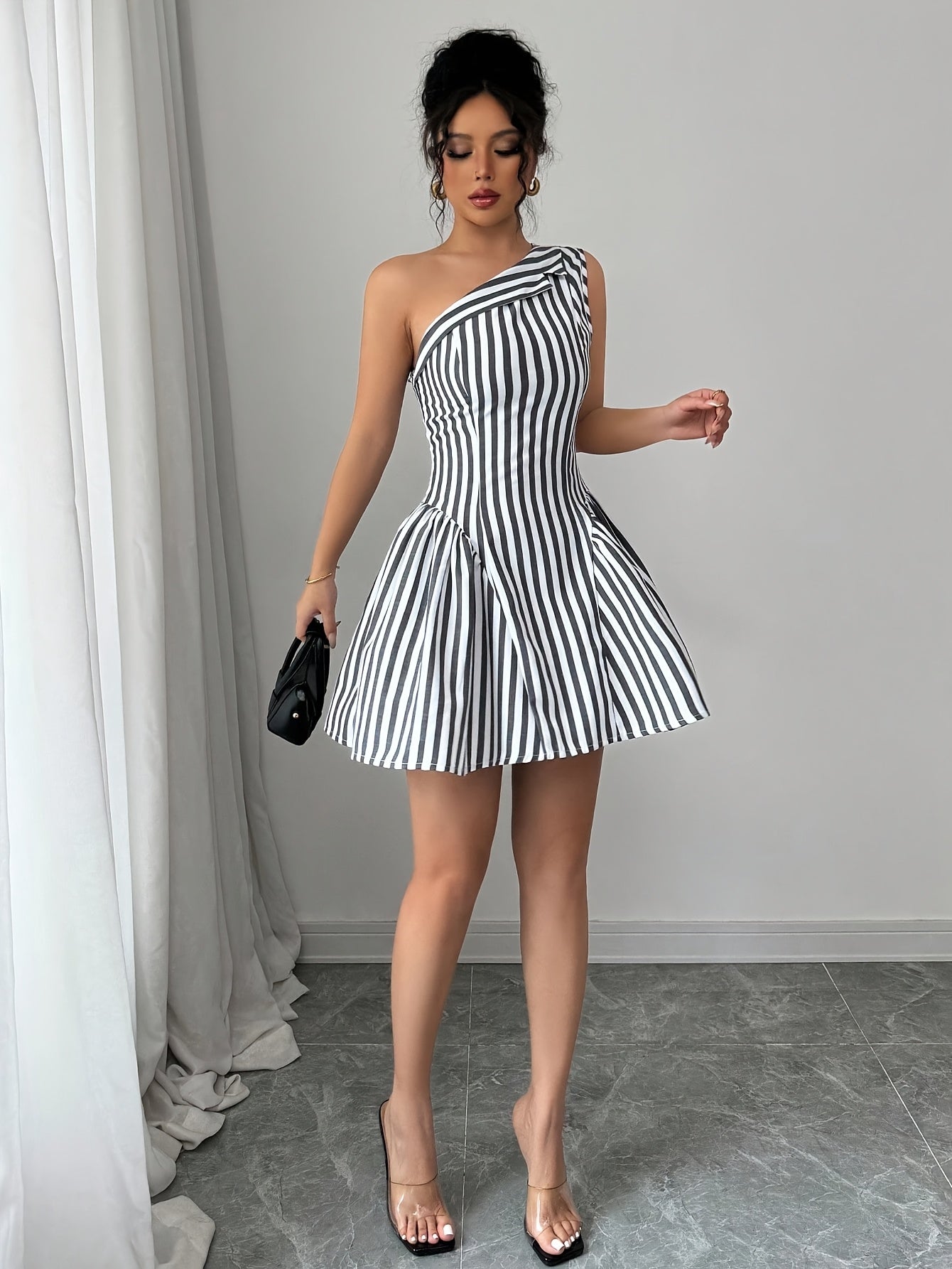 Women's Elegant Striped Asymmetrical Shoulder Sleeveless Mini Dress - A-Line Machine-Washable Spring Summer Fall Casual Chic Dress for Women, Seasonal Fashion | Nontransparent Fabric, Cute Dress