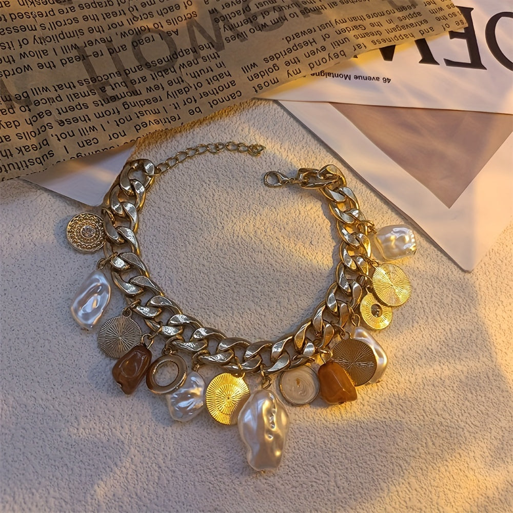 Women's Vintage Style Charm Bracelet - Alloy Chain with Faux Baroque Pearls & Rhinestones | Elegant & Versatile | Perfect for Daily and Vacation Wear
