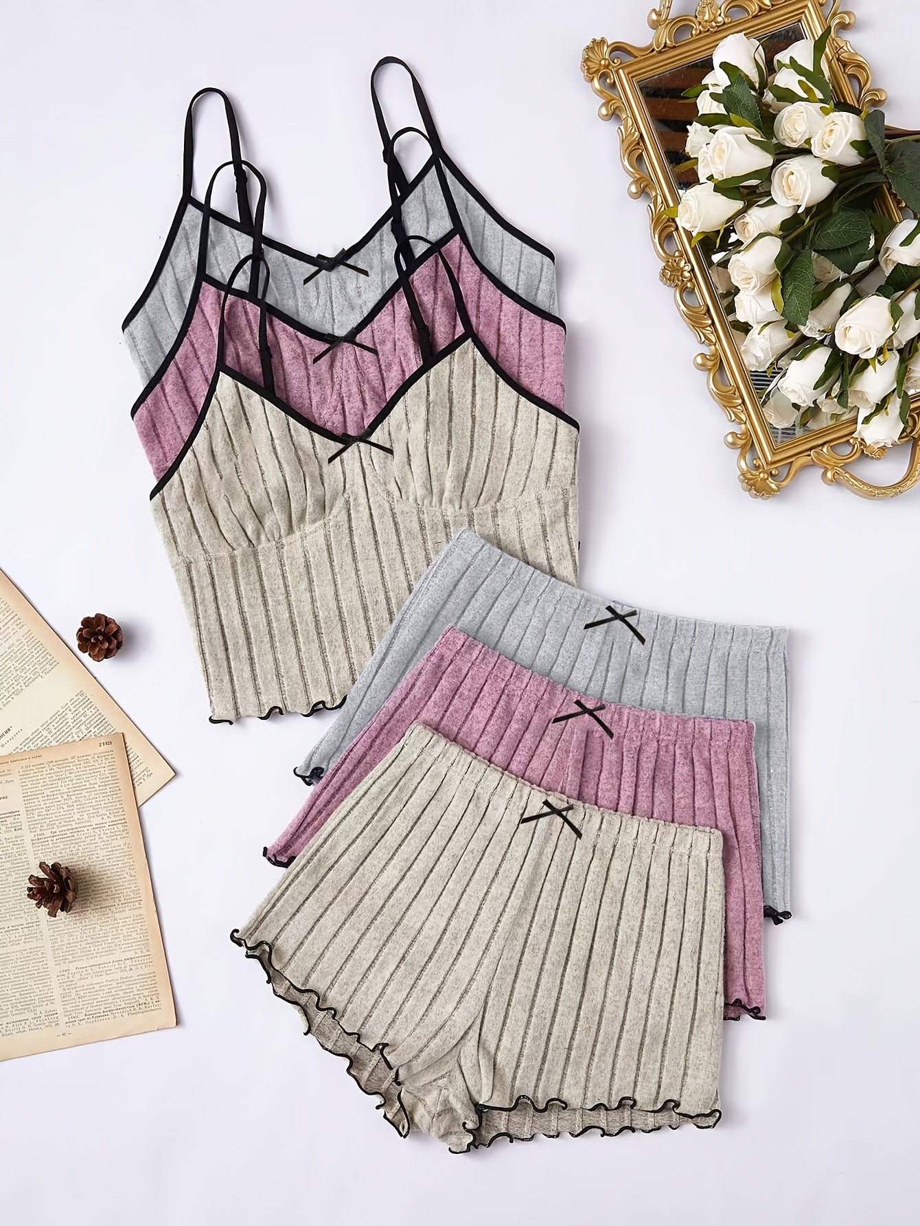 Spring Freshness – Women's 3-Piece Casual Ribbed Knit Set with Bow Detail: Off-Shoulder Top, Cami Tank, and Shorts (Apricot, Pink, Gray)
