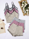 Spring Freshness – Women's 3-Piece Casual Ribbed Knit Set with Bow Detail: Off-Shoulder Top, Cami Tank, and Shorts (Apricot, Pink, Gray)