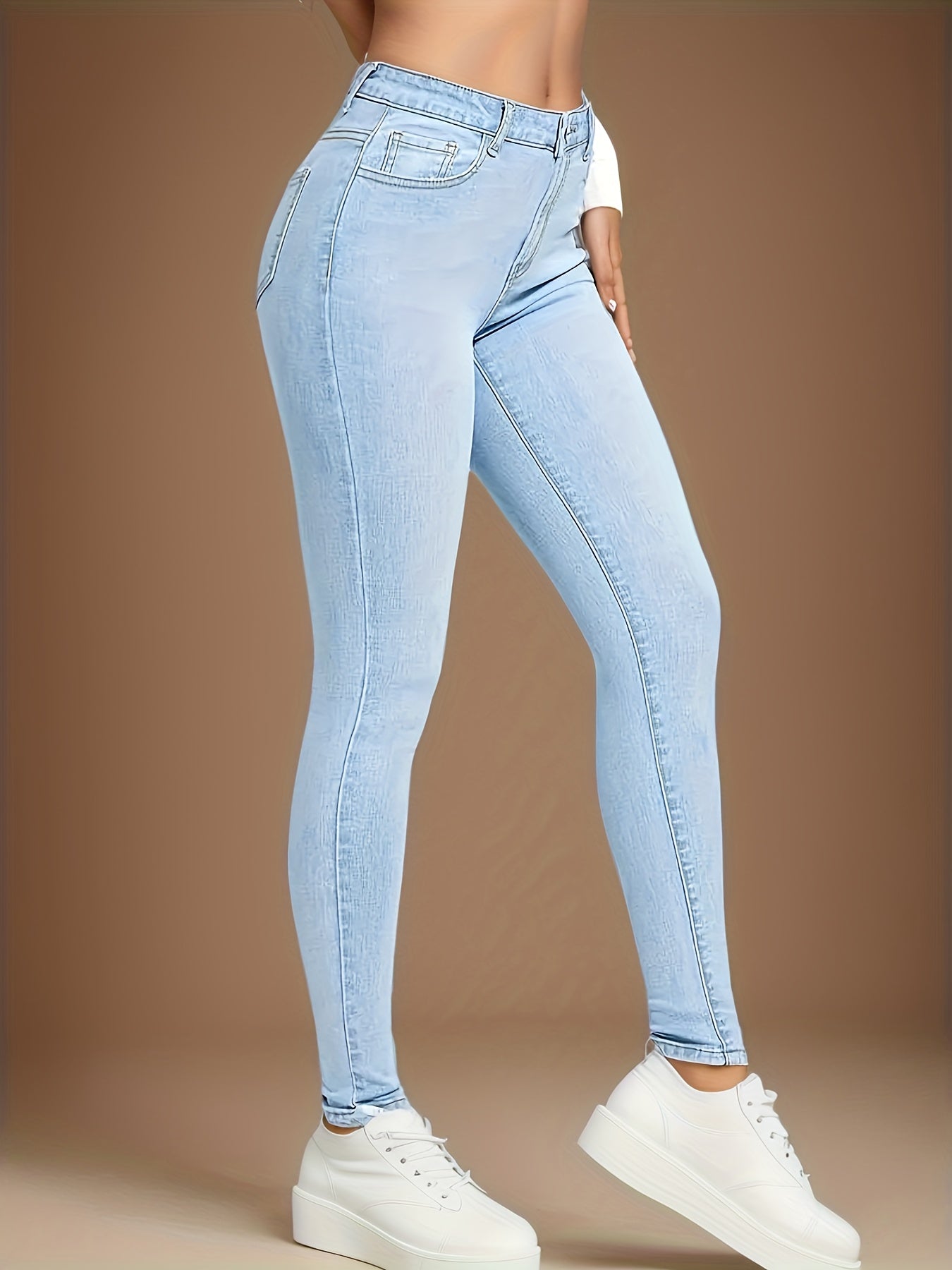 Stretchy High-Rise Slim Fit Blue Jeans - Comfortable High-Stretch Fabric, Slant Pockets, Premium Quality, Soft Touch, And Stylish Design For Everyday Wear