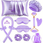 12-Piece Satin Heatless Curling & Sleep Beauty Set – Overnight Hair Rollers, Face Massager, Satin Pillowcase, Eye Mask & More for Healthy Hair and Glowing Skin