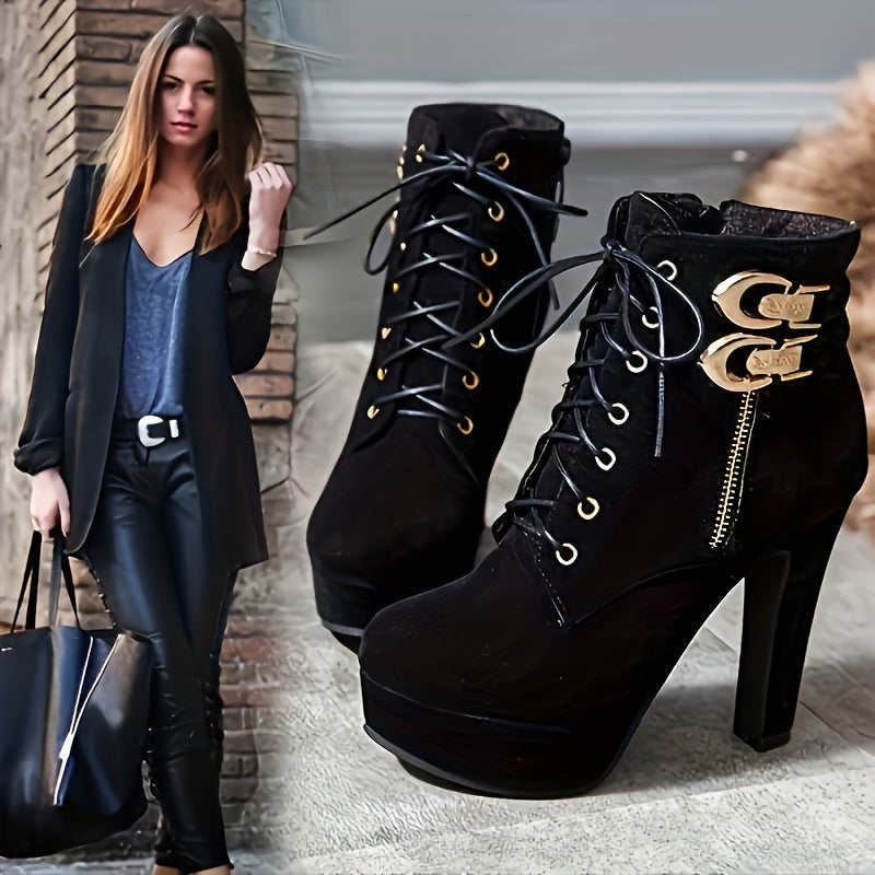 Women's Chunky Platform High Heel Ankle Boots with Lace-Up Front & Back, Golden-Tone Buttons, Zipper Closure, Round Toe - Machine Washable PU Cover Winter Casual Boots, Semiformal Footwear | Adjustable Buckle Heels, High Heel