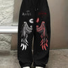 Women's Angel and Devil Wing Print Joggers - Casual Loose Fit Wide Leg Sweatpants with Drawstring Waist, Black Polyester, Versatile Clothing|Bold Print Leggings|Glossy Fabric Pants