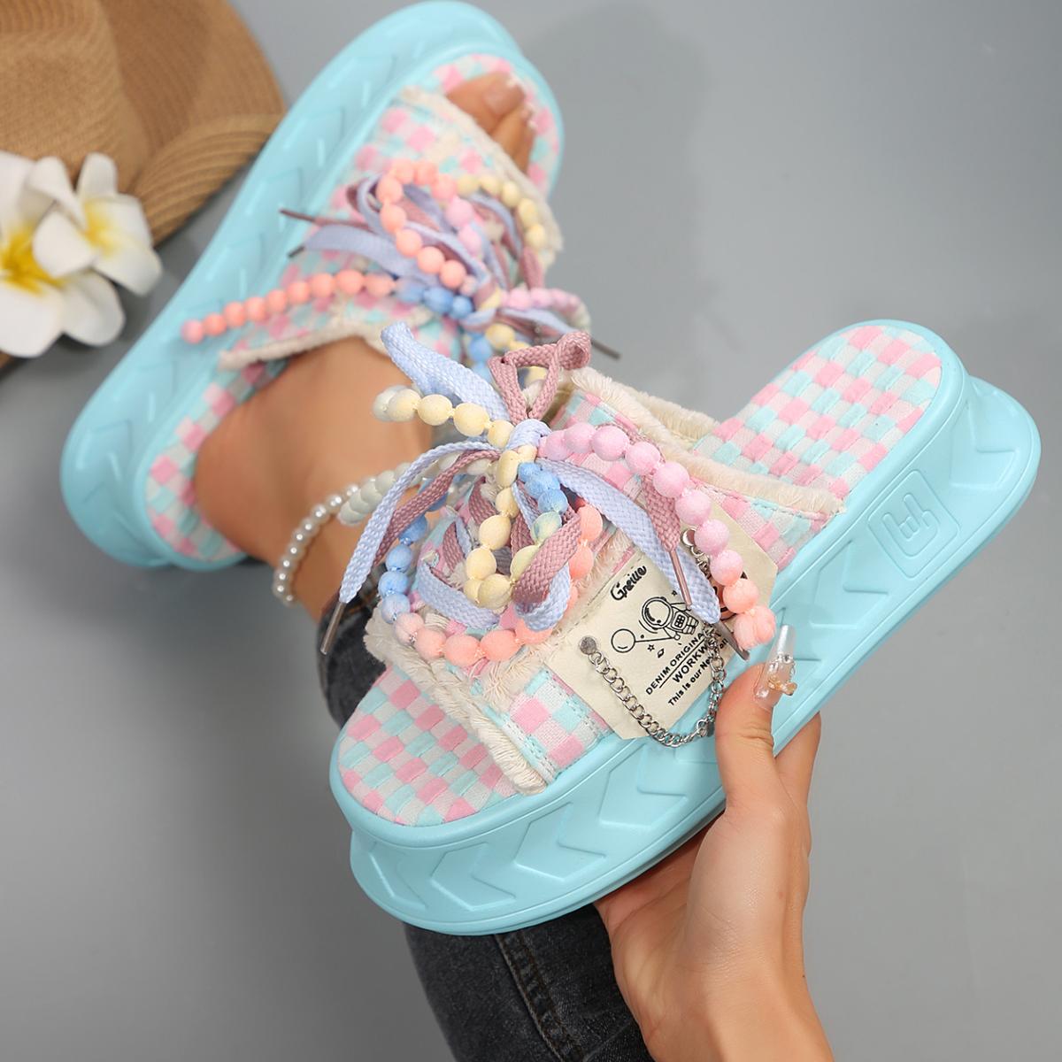 Women's Stylish Light Blue Platform Sandals with & Bow Accents - Thick Sole, Open Toe, Fabric Upper, Summer Fashion Shoes for Casual or Outdoor Wear, Versatile Slippers | Trendy Platform Sandals | Fabric Upper Sandals, Ladies