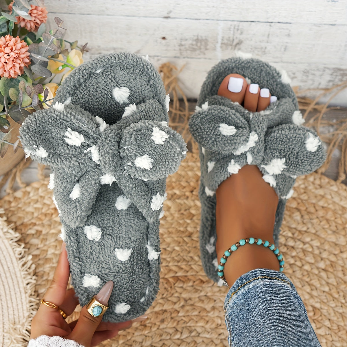 Women's Casual Polka Dot Pattern Slippers with Cute Bow, Comfortable Warm Plush Indoor House Shoes, Fabric Upper/Inner, EVA Sole, Hand Washable - Spring/Fall Season, House Slippers