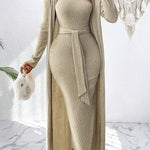 Women's Casual and Elegant Two-piece Set with Hollowed-out Ribbed Solid Color Thin Shoulder Strap Halter Dress and Jacket with Side Waist Tie