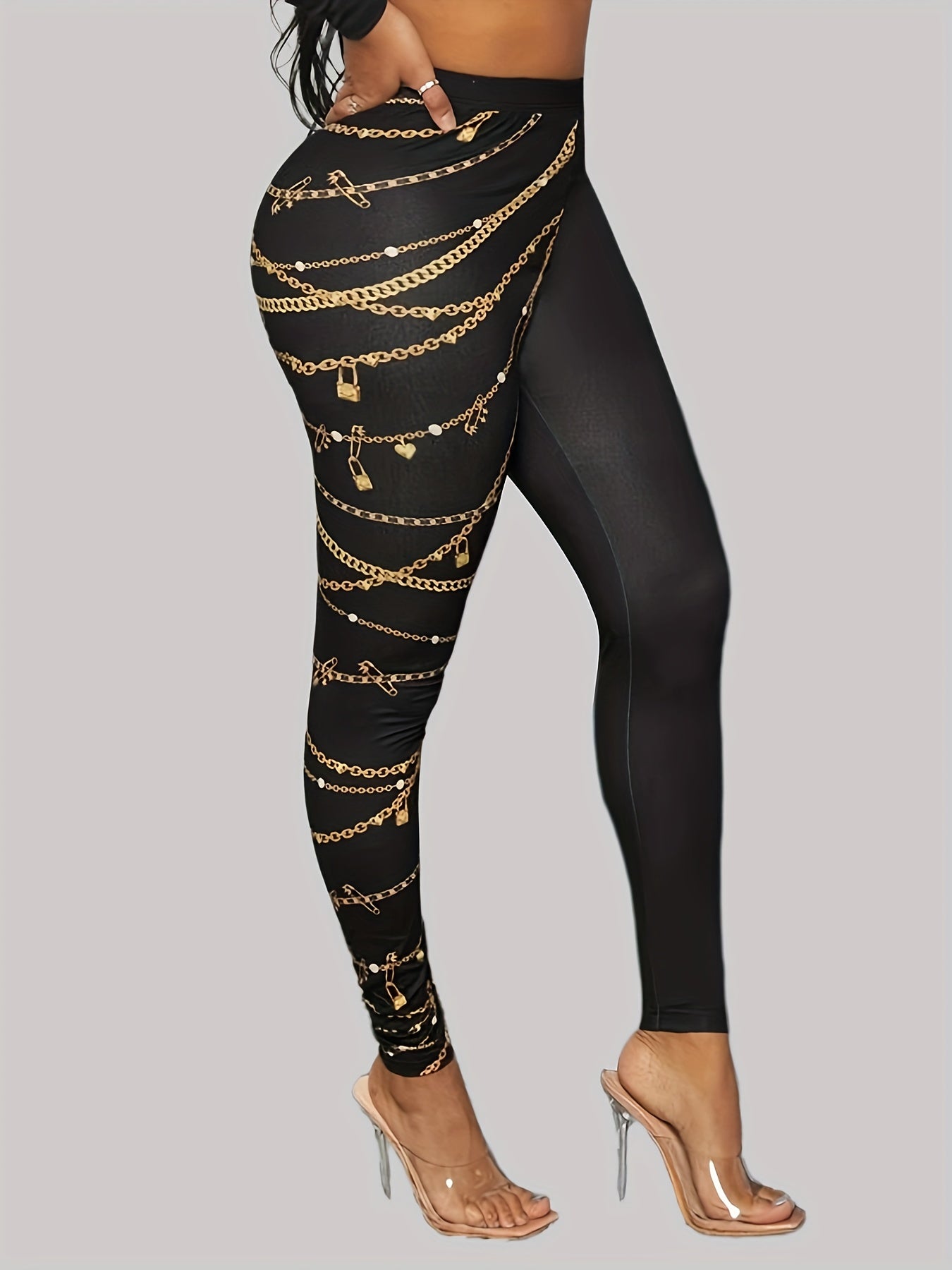 Stylish Black Leggings with Golden Chain Print - High-Waist, Stretchy & Comfortable, Polyester/Elastane Blend, Machine Washable - Versatile All-Season Wear for Women