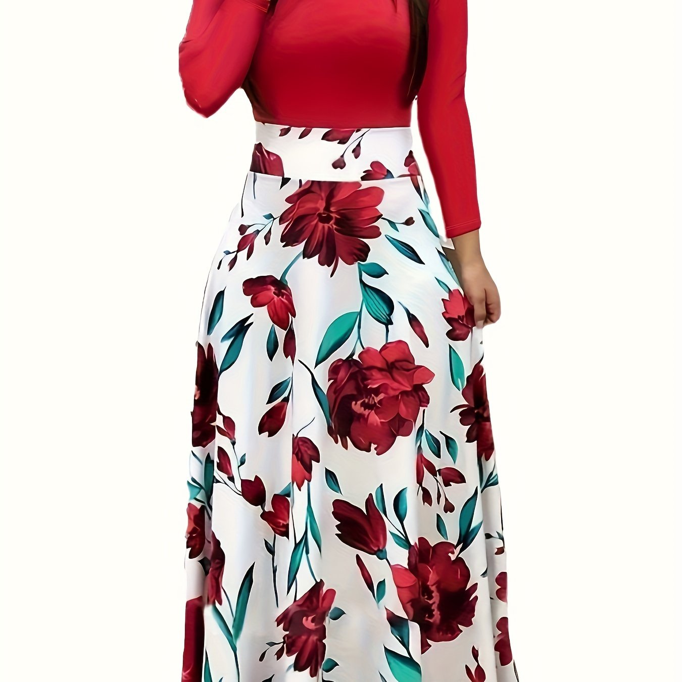 Stunning Floral Print Maxi Dress - Women's Elegant Long Sleeve Crew Neck Splicing Dress for Spring & Fall - Perfect for Various Occasions