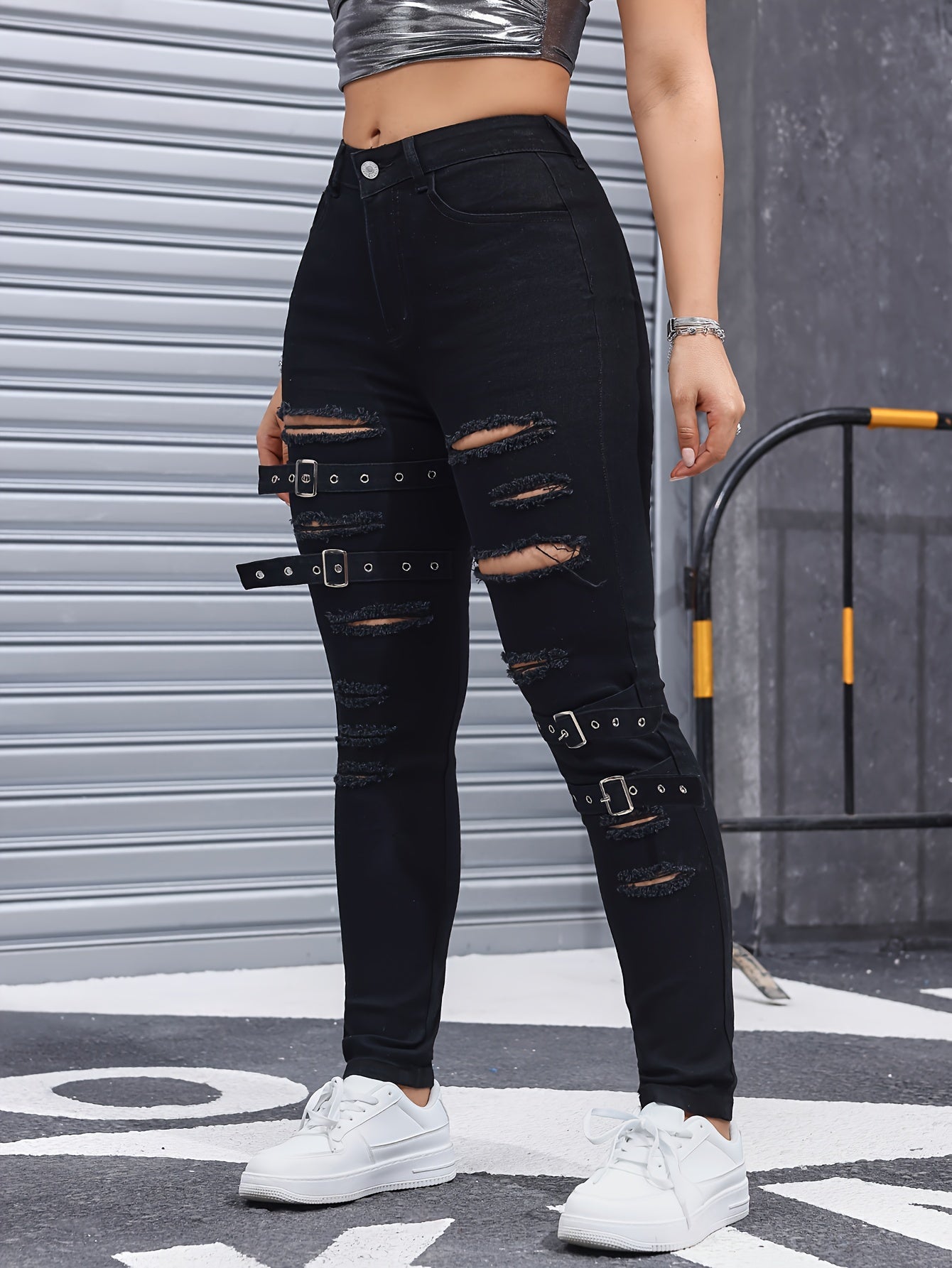 High-Waisted Distressed Denim Jeans For Women, Stretch Fabric Blend, Four-Season Fit, Fashionable And Trendy
