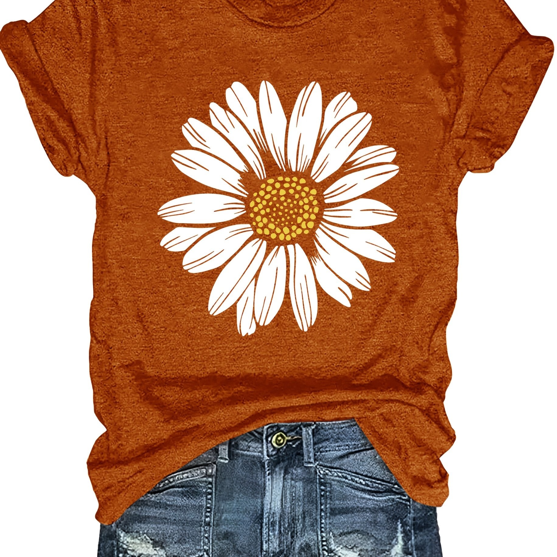 Women's Casual Daisy Flower Print T-Shirt - Soft Polyester Crew Neck Tee, Black with White Daisy Design, Short Sleeve, Perfect for Summer Outfits, Ladies T Shirts