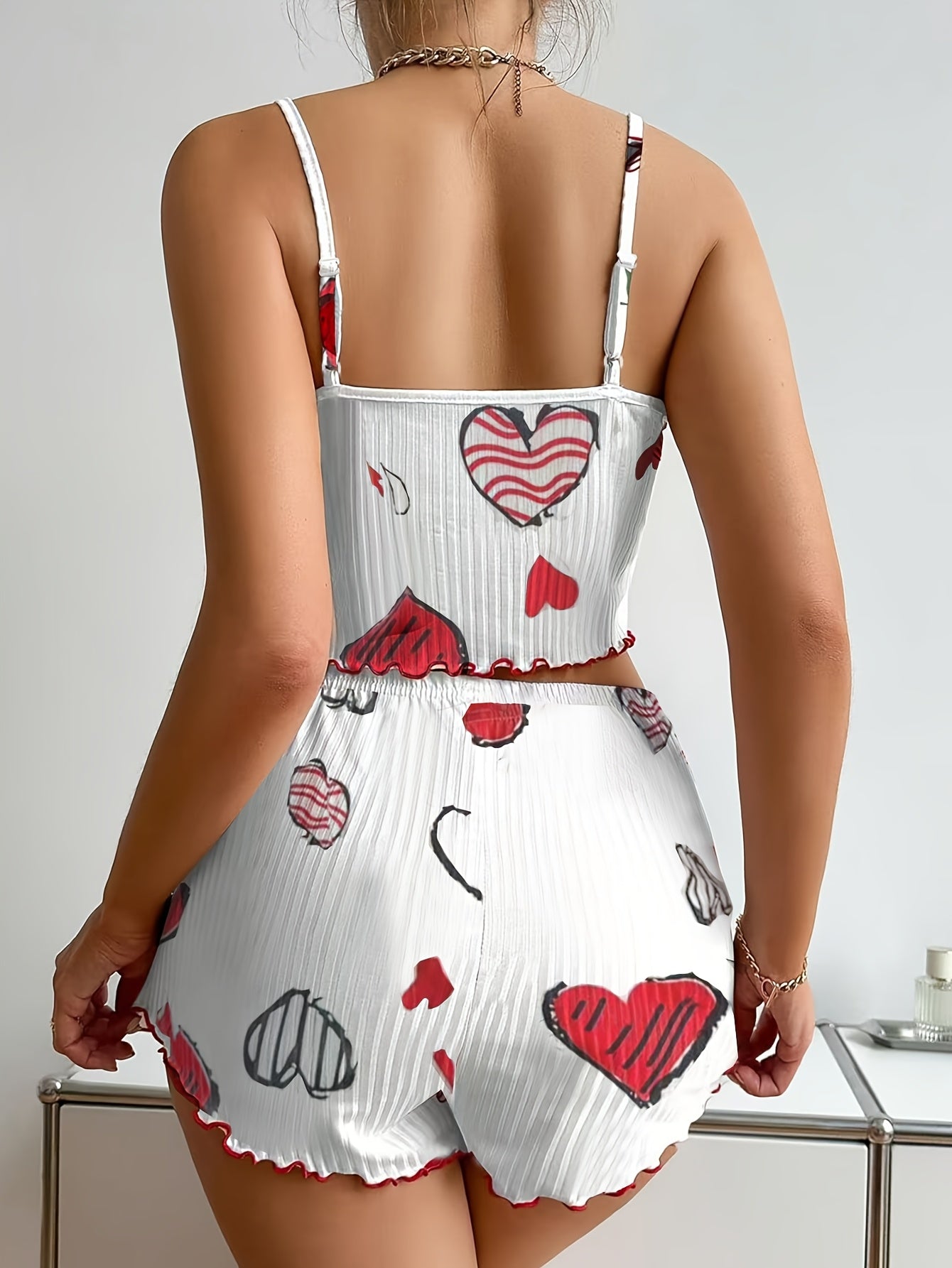Charming Women's Heart Print Cami & Shorts Set – Cute Red & White Summer Knit Outfit with Bow Detail, Stretchy Polyester Blend