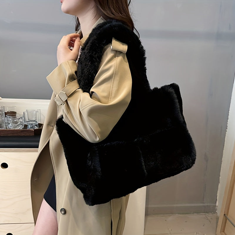 Chic Faux Fur Shoulder Bag for Women - Spacious & Versatile, Magnetic Closure, Faux Leather Lined - Available in Pink, Deep Brown, White, Black