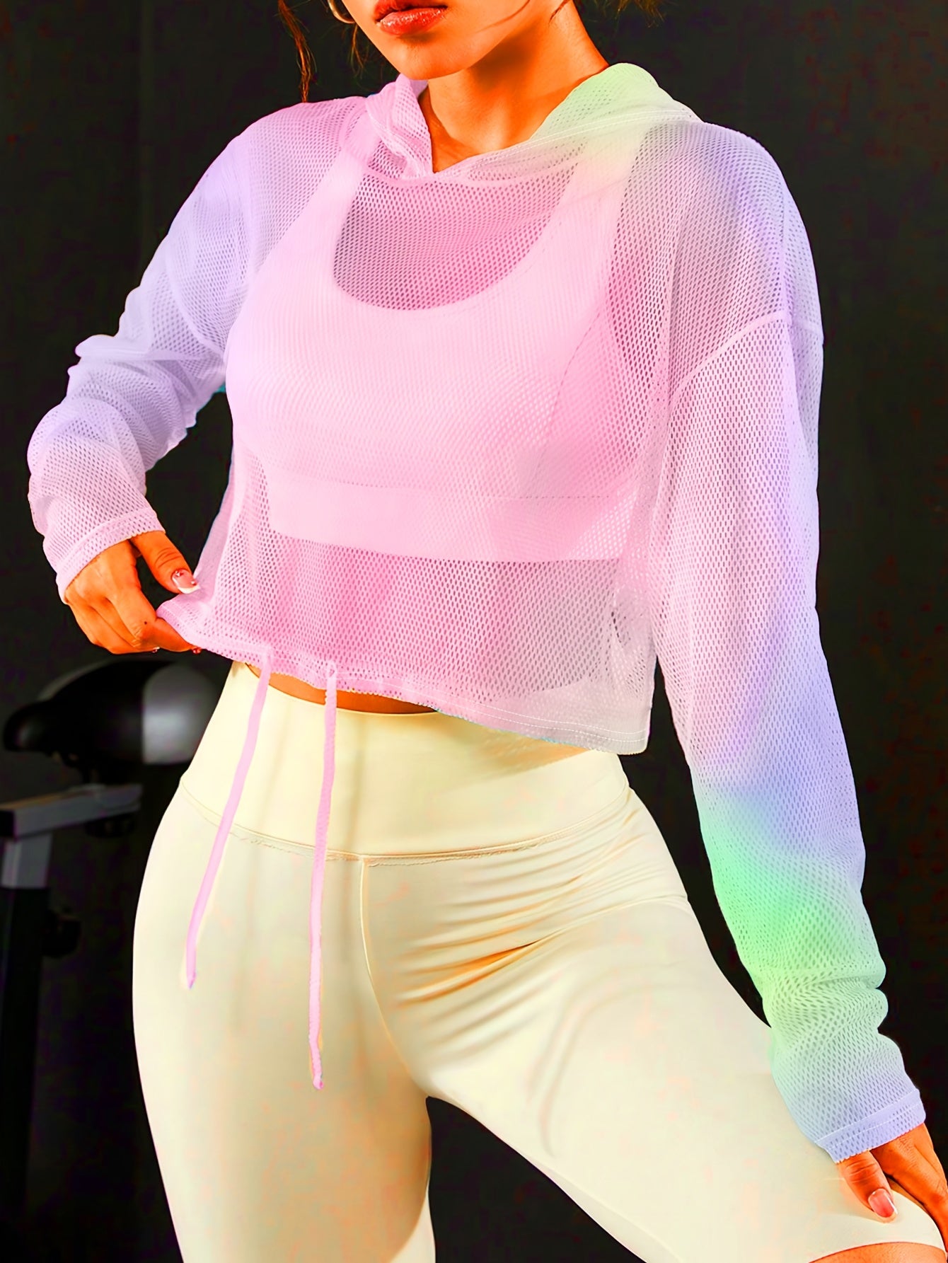 Women's Breathable Mesh Hoodie - Casual Fashion Gradient Color, Loose-Fit Long Sleeve T-Shirt with Drawstring Hood, Colorful, Sports