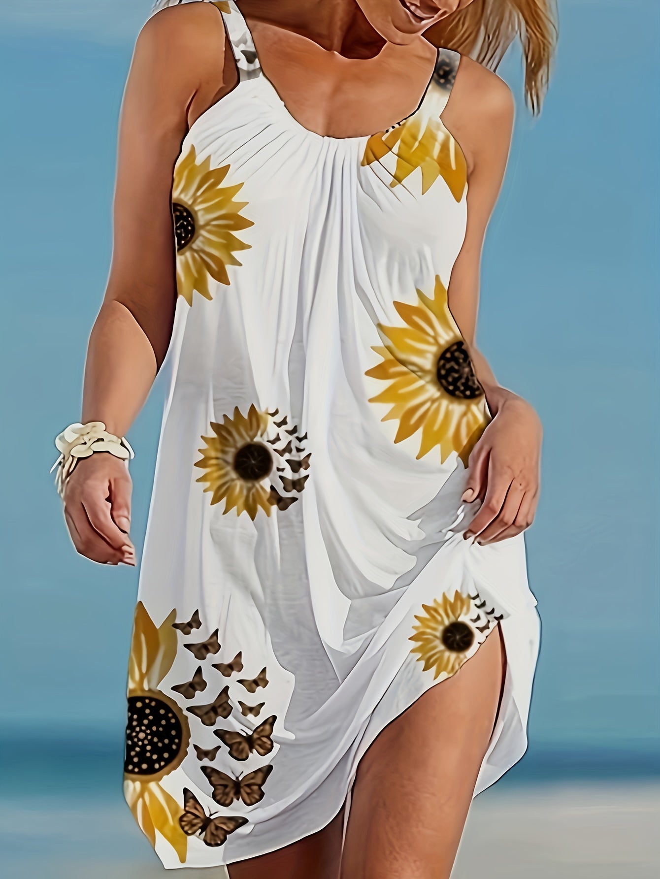 Sunflower Print Summer Cami Dress - Effortless Loose Fit for Vacation - Feminine Sleeveless Style - Womens Vacation Wear