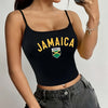 Women's Jamaica Flag Print Sleeveless Cami Top - Vibrant Bold Lettering with Green, Yellow & Maroon Emblem - Casual Spaghetti Strap Summer Crop Top