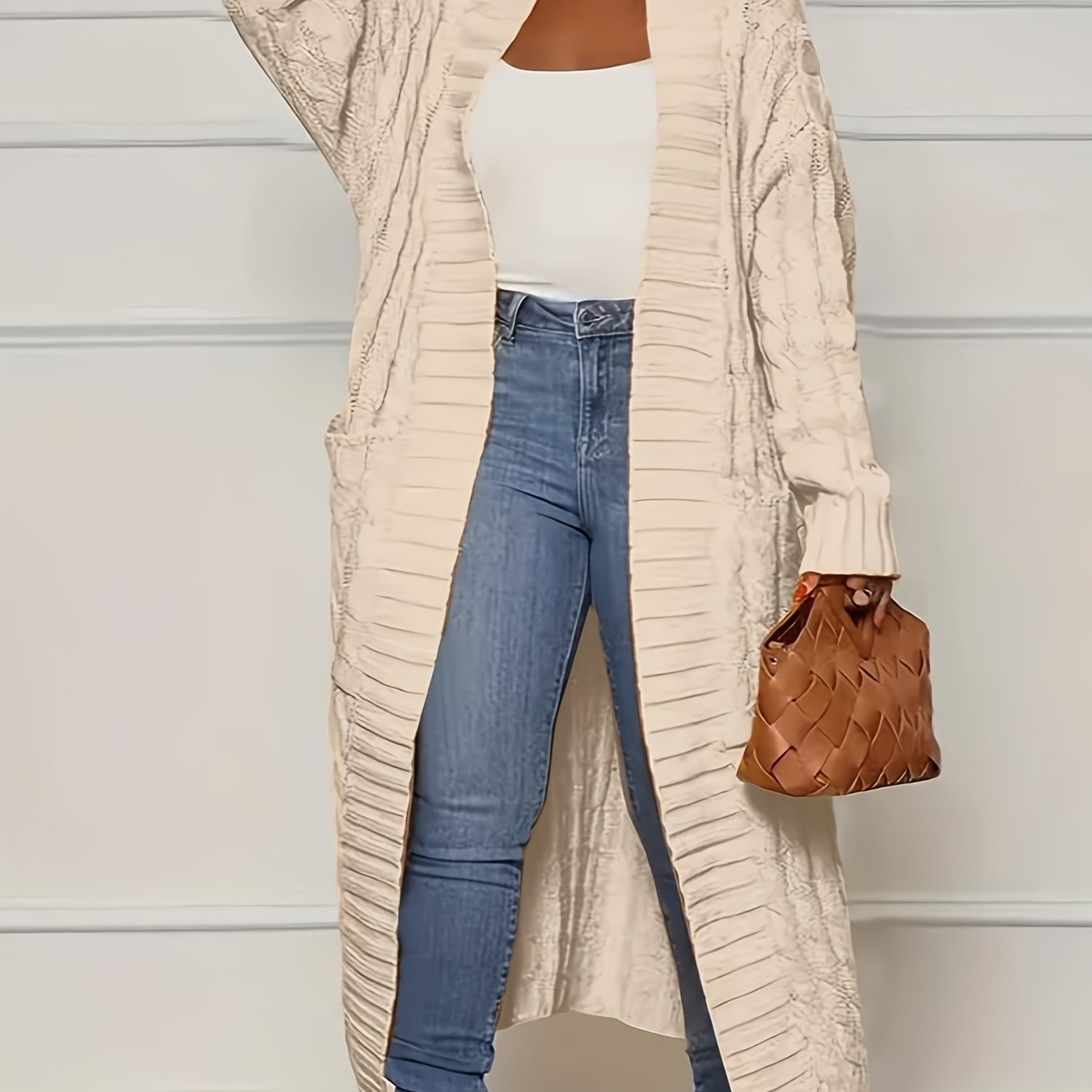 [Polyester Knit Cardigan] 100% Polyester Women's Casual Knit Cardigan - Solid Color Long Sleeve Open Front Sweater with Pockets - Versatile Knitwear for All Seasons