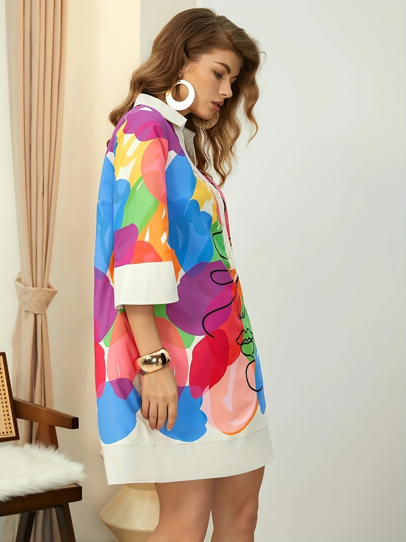 [Allseason Comfort] Vibrant Abstract Face Art Shirt Dress - Elegant Polyester Blend, Machine Washable, No-See-Through, All-Season Wear with Colorful Portrait Design and Collared Neckline for Women