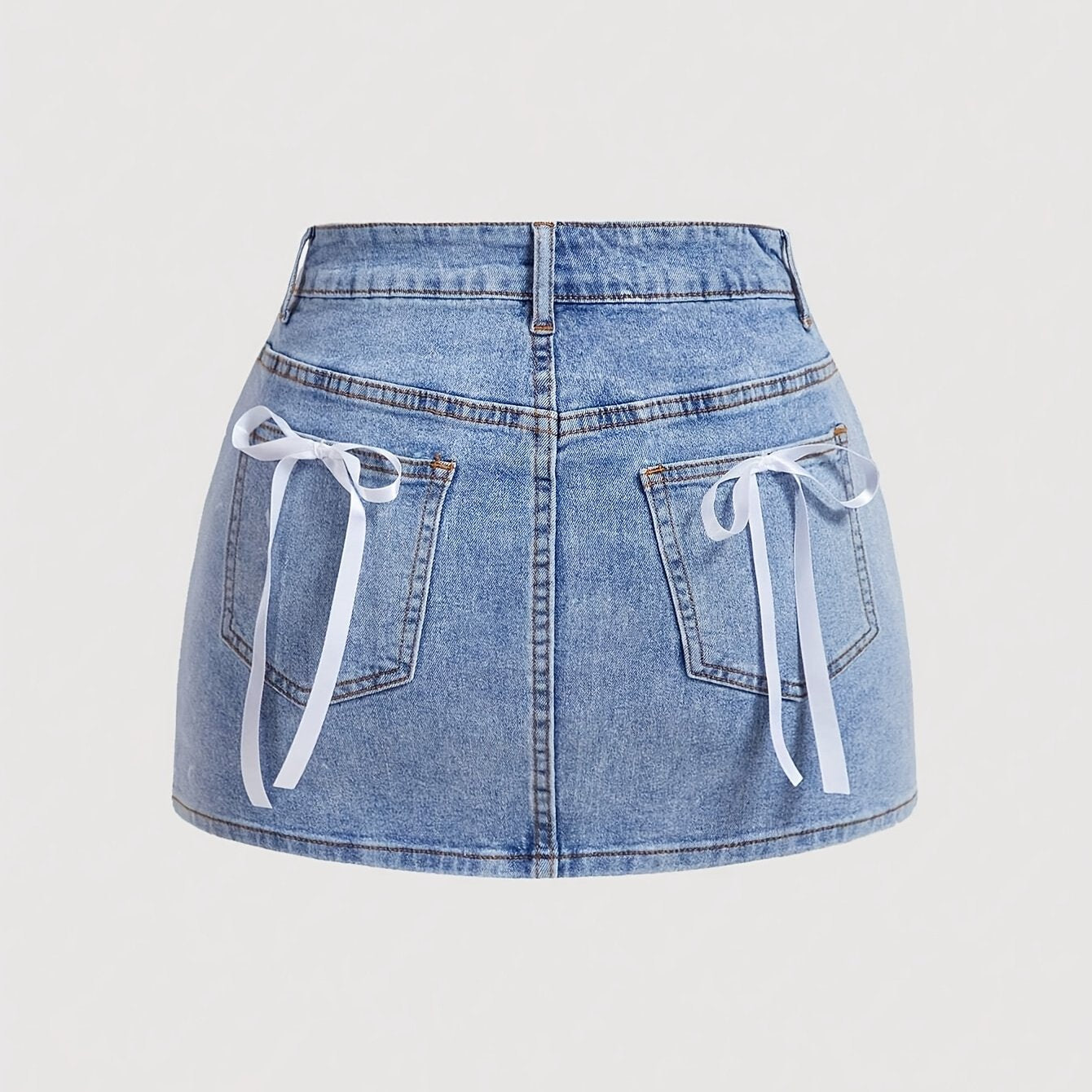 Women's Summer Casual Denim Skirt with Adjustable Bow & Pockets - Mid-Stretch Machine-Washable Solid Color Elegant Design for Casual Outings, Summer Casual Wear | Stylish Denim Skirt | Denim Fabric Skirt