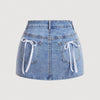 Women's Summer Casual Denim Skirt with Adjustable Bow & Pockets - Mid-Stretch Machine-Washable Solid Color Elegant Design for Casual Outings, Summer Casual Wear | Stylish Denim Skirt | Denim Fabric Skirt