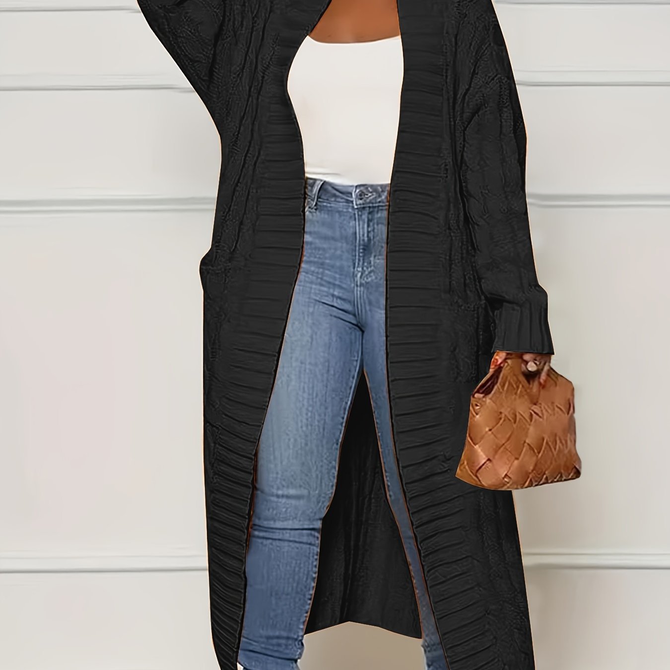 [Polyester Knit Cardigan] 100% Polyester Women's Casual Knit Cardigan - Solid Color Long Sleeve Open Front Sweater with Pockets - Versatile Knitwear for All Seasons
