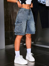 Vintage Style Women'S Bermuda Denim Shorts, Solid Color, Medium Stretch with Pockets, Casual Spring/Summer Jean Shorts