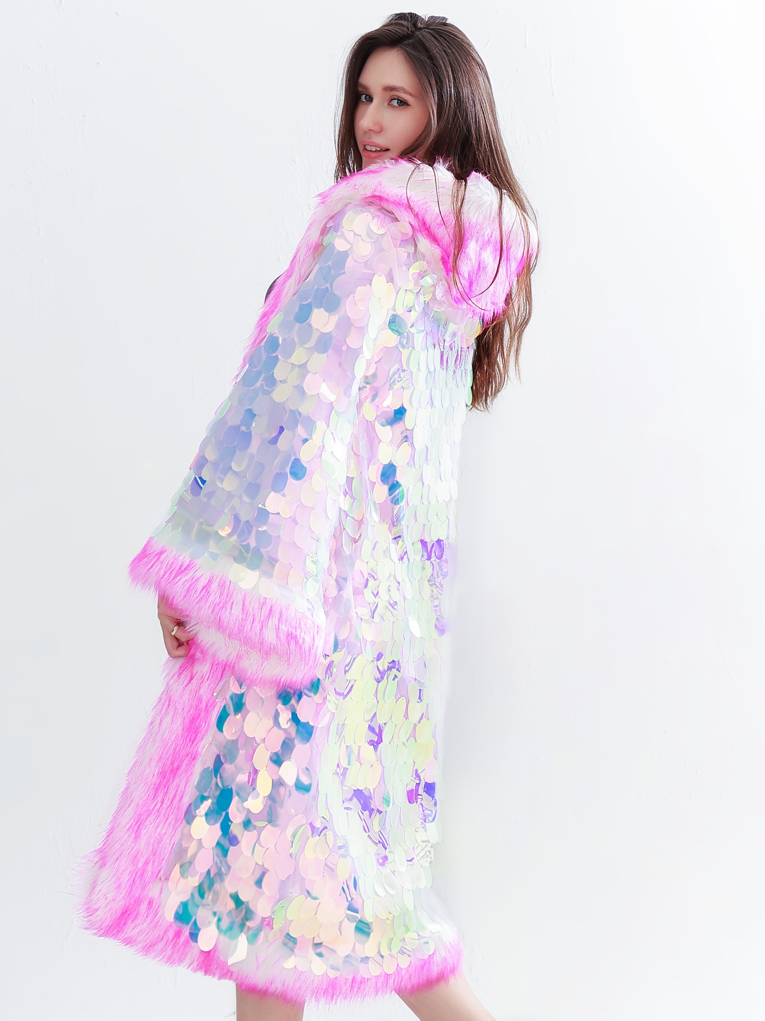 Women's LED Sequin Faux Fur Coat - Long Hooded Festival & Cosplay Outfit, USB-Powered, Flare Sleeves, Mermaid Tail Design, Vibrant Pink to Blue Gradient (Batteries Not Included), Cosplay Costume | Sequin Embellished | LED Lit