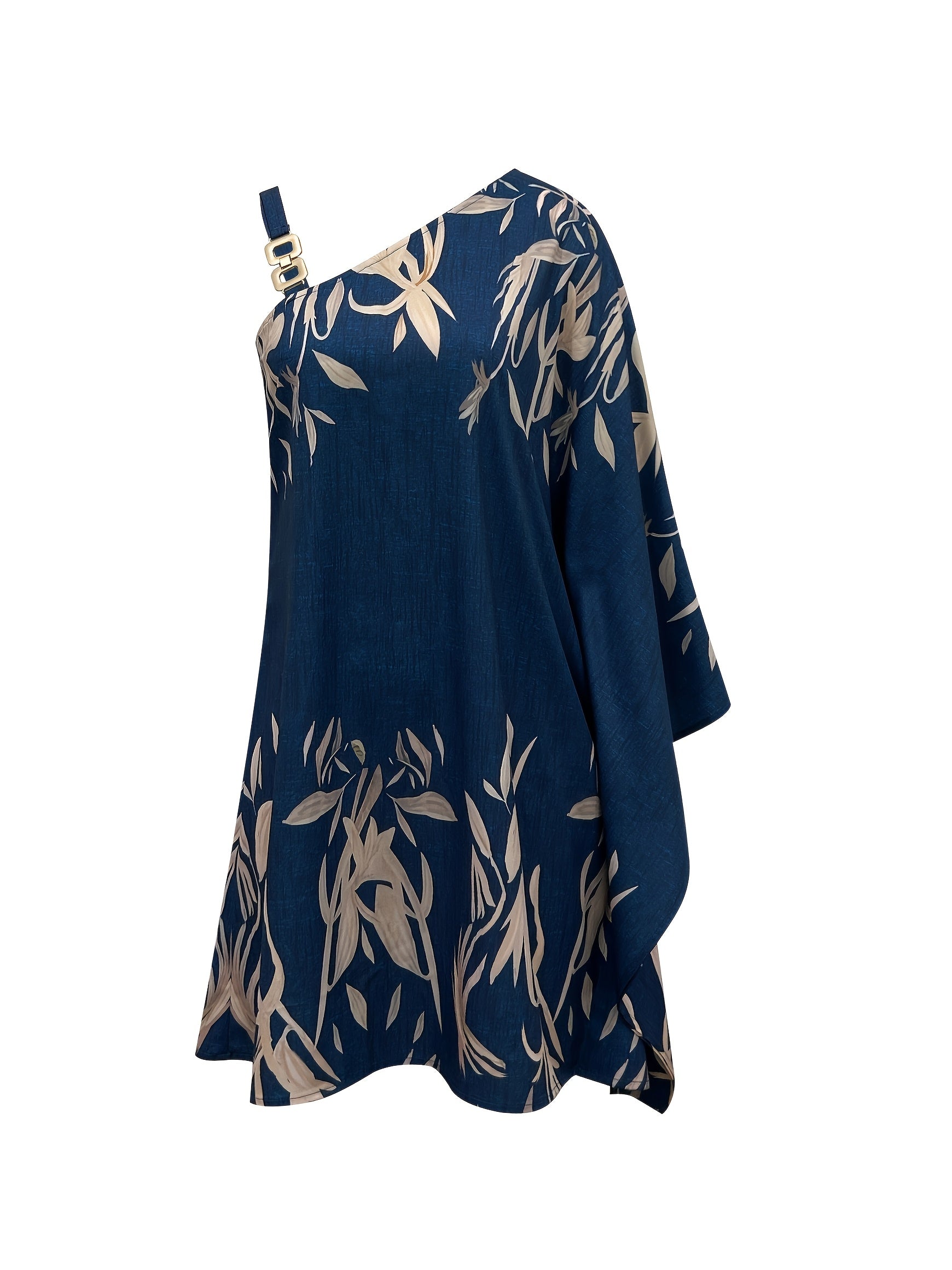 Women's Elegant Multicolor Print Dress - One-Shoulder with Golden Chain Detail, Polyester Blend, Machine Washable, Perfect for Spring/Summer Fashion Events