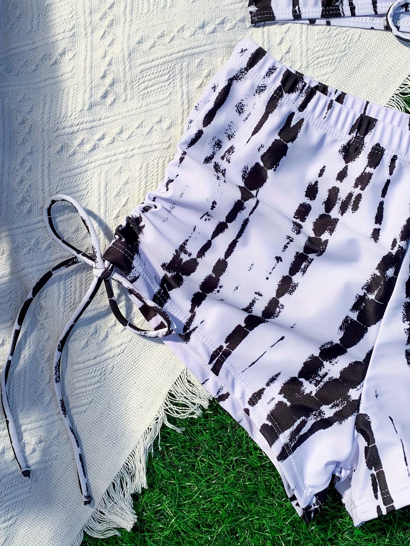 Printed Drawstring Short Sleeve 2 Piece Set Bikini, High Stretch Top & Boxer Shorts Swimsuits, Women's Swimwear & Clothing