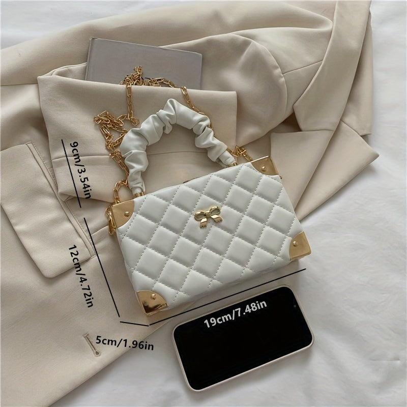 [Popular Choice] Chic Mini Boxy Crossbody Bag with Quilted Diamond Pattern and Bow Detail, Faux Leather, Available in Orange/Fuchsia/White/Green/Black, Pleated, Chain Strap, Shoulder Bag