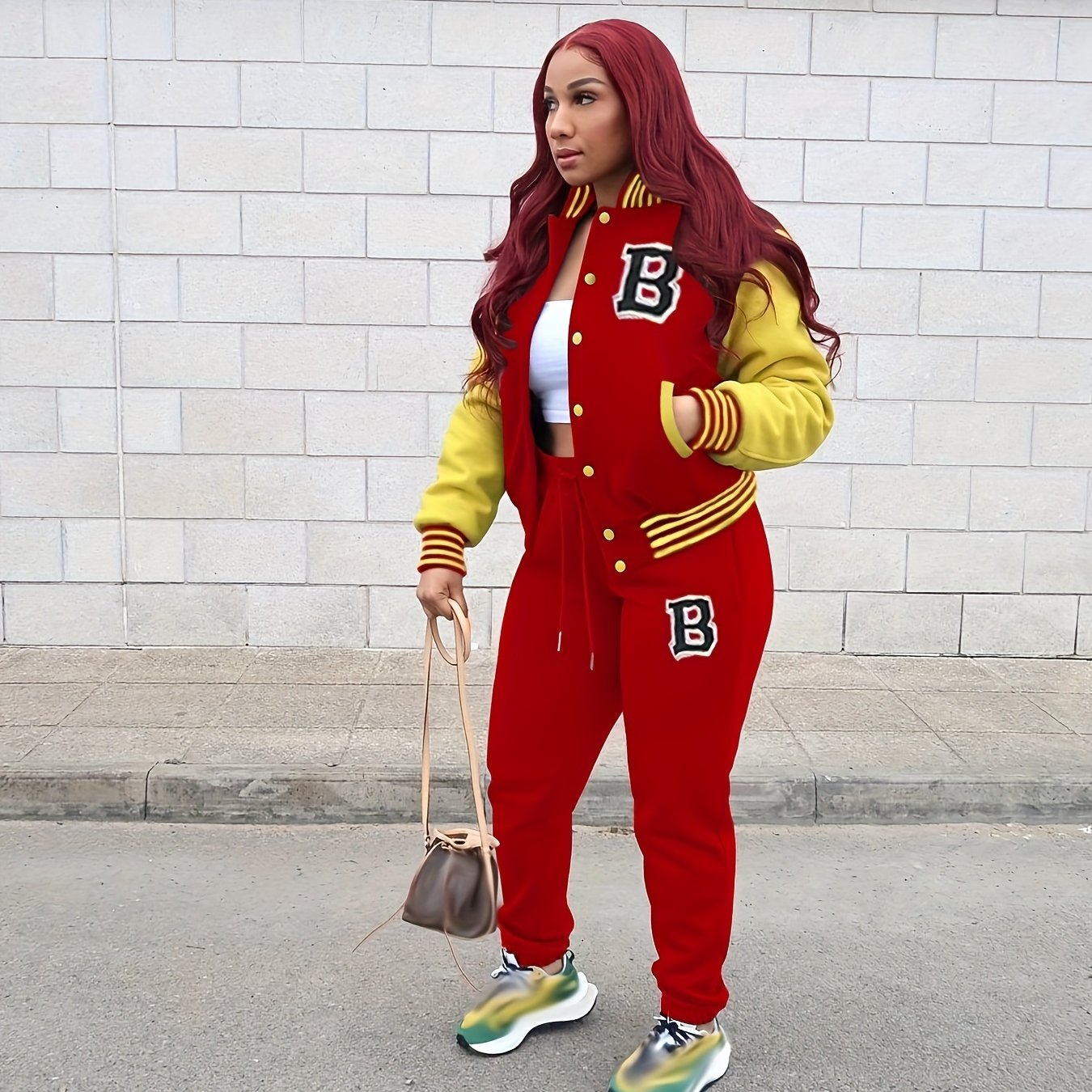 Two-piece Set, Button Front Varsity Jacket & Drawstring Jogger Pants Outfits, Letter Pattern Casual Women's Clothing