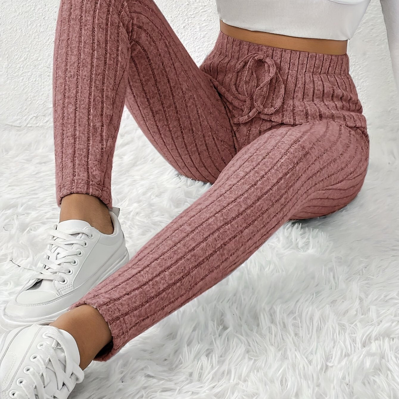 Elegant High-Waist Ribbed Knit Pants for Women - Cozy & Chic Brown Slim-Fit Trousers with Elastic Waistband, Perfect for Fall/Winter Casual Wear