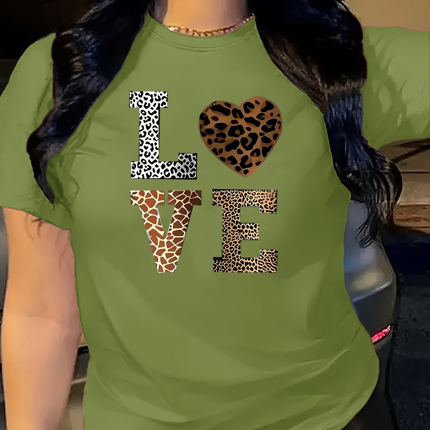 Stylish White 'LOVE' Leopard Heart Print Tee - Casual Round Neck Short Sleeve, 100% Polyester, Machine Washable - Perfect for All Seasons, Casual Wear Tee|Leopard Heart Design|Stretchable Material